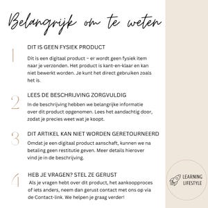 May include: A white and beige graphic with black text outlining important information about digital products. The text reads: "Belangrijk om te weten" (Important to know) and includes four numbered points: 1. "Dit is geen fysiek product" (This is not a physical product), 2. "Lees de beschrijving zorgvuldig" (Read the description carefully), 3. "Dit artikel kan niet worden geretourneerd" (This item cannot be returned), and 4. "Heb je vragen? Stel ze gerust" (Do you have questions? Feel free to ask). The graphic also includes a small logo with the text "Learning Lifestyle".
