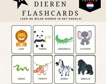 Könnte beinhalten: Ein Satz von 16 druckbaren Lernkarten mit bunten Illustrationen von Wildtieren, darunter ein Löwe, ein Panda, ein Krokodil, ein Elefant, eine Schlange, ein Affe, ein Zebra und ein Gorilla. Jede Karte trägt den Namen des Tieres unter dem Bild. Der Text "WILDE DIEREN FLASHCARDS" befindet sich oben auf dem Bild, und der Text "LEER DE WILDE DIEREN IN HET ENGELS!" befindet sich unter den Karten. Der Text "KLAAR OM TE PRINTEN" befindet sich in der oberen rechten Ecke des Bildes.