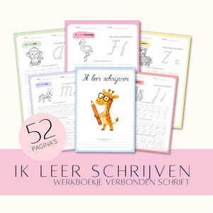 Puede incluir: Una colección de cuadernos de escritura para niños con ilustraciones de animales. Cada cuaderno presenta una ilustración diferente, como un mono, un flamenco, una cebra y una jirafa. El texto "Ik leer schrijven" se muestra, junto con "52 Pagina's".
