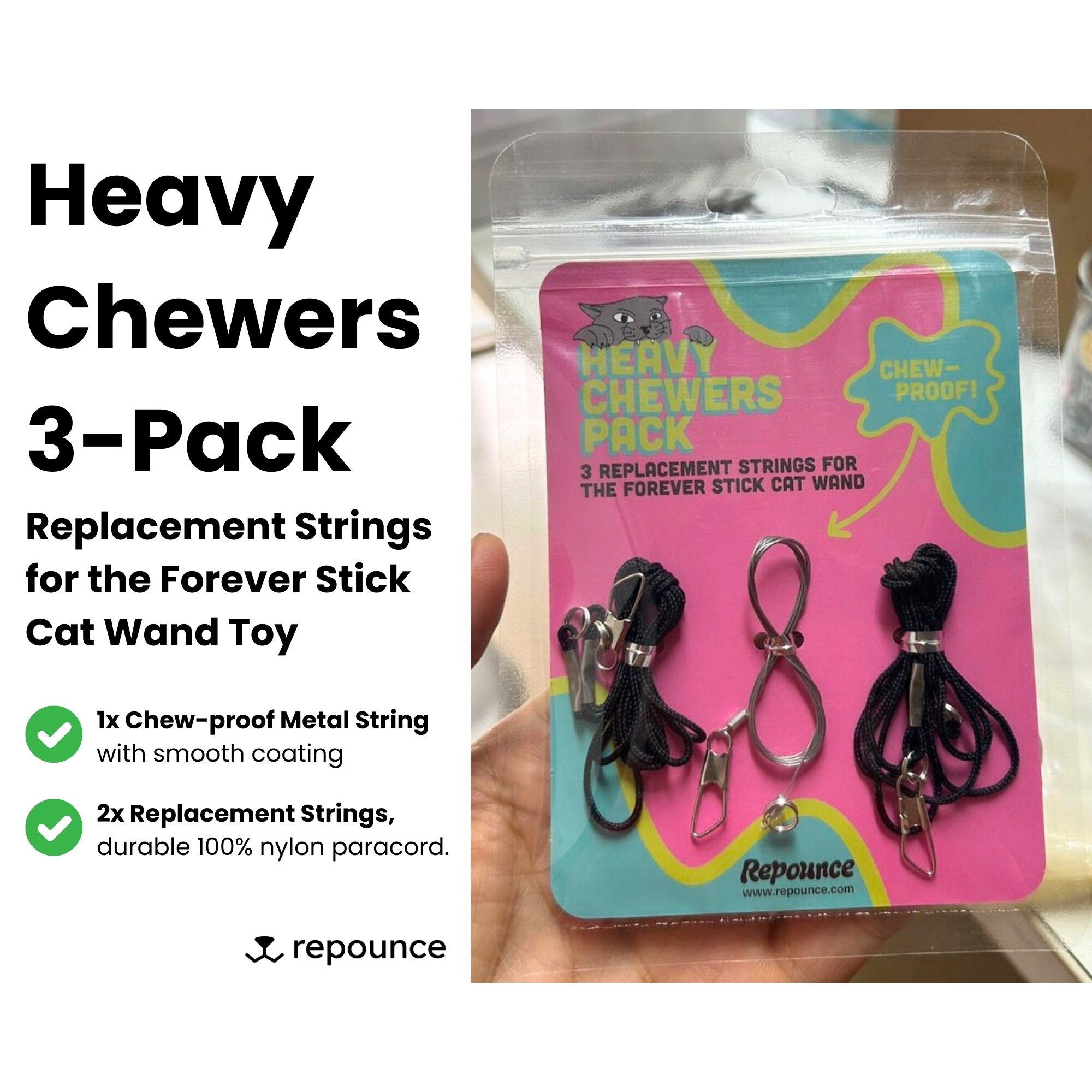 Heavy Chewers Pack Replacement Strings for the Forever Stick Cat Wand by Repounce. 3 pack Including 1 Chew proof Metal String for Chewers Etsy