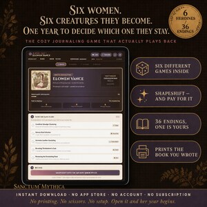 May include: A digital journaling game interface titled Sanctum Mythica featuring the text Six Women. Six Creatures They Become. One Year To Decide Which One They Stay. The screen displays character stats for Elowen Vance, a familiar named Thistledown, and a list of tasks.