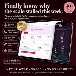 May include: A digital GLP-1 companion app displayed on a tablet and smartphone. The screen shows health tracking interfaces, injection site memory, and weight tracking tools. Text includes 'Finally know why the scale stalled this week' and '40+ Tools Inside'.
