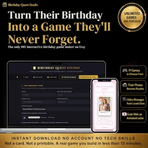 以下が含まれることがあります： ノートパソコンとスマートフォンの画面に表示されたBirthday Quest Studioのデジタルインターフェース。このソフトウェアを使用すると、名前、年齢、タイトル、写真をカスタマイズして、パーソナライズされたインタラクティブな誕生日ゲームを作成できます。