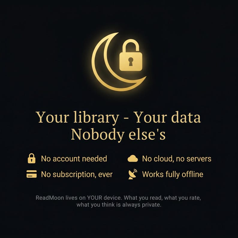Pode incluir: &Iacute;cone dourado de lua crescente e cadeado em fundo preto. O texto diz "Sua biblioteca - Seus dados, De mais ningu&eacute;m". Texto adicional diz "Nenhuma conta necess&aacute;ria, Sem assinatura, sempre, Sem nuvem, sem servidores, Funciona totalmente offline."