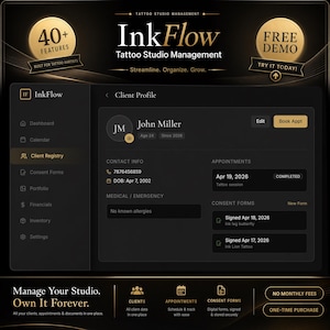 Könnte beinhalten: Dunkles User-Interface für Tattoo-Studio-Management-Software "InkFlow". Die Oberfläche zeigt Kundenprofile, Termindetails und Einverständniserklärungen an. Die Software bietet über 40 Funktionen und ist für Tätowierer konzipiert.