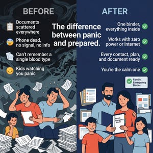 May include: An infographic comparing a chaotic before state with scattered documents and a calm after state using a Family Emergency Binder. The text reads: The difference between panic and prepared. It lists benefits like having one binder, working without power, and keeping documents ready.