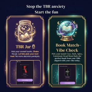 Pode incluir: Duas cartas digitais com molduras douradas. A carta da esquerda diz "TBR Jar" com um gr&aacute;fico de jarra e texto. A carta da direita diz "Book Match - Vibe Check" com um gr&aacute;fico de bola de cristal e texto. O texto nas cartas diz "Stop the TBR anxiety, Start the fun."