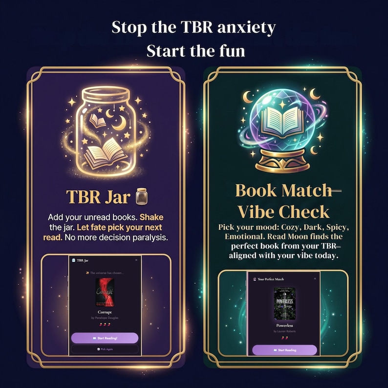 Pode incluir: Duas cartas digitais com molduras douradas. A carta da esquerda diz "TBR Jar" com um gr&aacute;fico de jarra e texto. A carta da direita diz "Book Match - Vibe Check" com um gr&aacute;fico de bola de cristal e texto. O texto nas cartas diz "Stop the TBR anxiety, Start the fun."