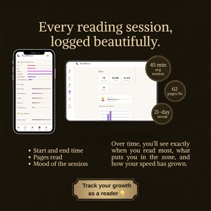Pode incluir: Um telem&oacute;vel e um tablet exibem uma interface de aplica&ccedil;&atilde;o de leitura com visualiza&ccedil;&otilde;es de dados. A aplica&ccedil;&atilde;o acompanha as sess&otilde;es de leitura, mostrando estat&iacute;sticas como o tempo m&eacute;dio da sess&atilde;o e as sequ&ecirc;ncias de leitura. O texto diz: "Cada sess&atilde;o de leitura, lindamente registada."