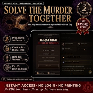 Op de afbeelding: Een interactieve moordmysterie web-app genaamd The Last Night in Blackwood voor twee spelers. De interface bevat een digitale kluis, verdachtenverhoren, getuigenverklaringen en tweetalige opties. Inclusief gratis Case 002, directe toegang.
