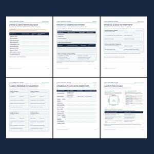 May include: A set of six white printable pages for a family emergency binder, featuring dark blue text and borders. Sections include a critical document tracker, financial command centre, medical overview, family information, and emergency contacts.