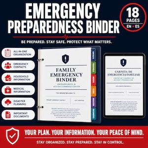 Peut inclure: Un classeur de préparation aux urgences bleu foncé avec 18 pages en anglais et en espagnol. La couverture porte le texte Family Emergency Binder, Preparedness & Action Command Center, avec des sections pour contacts, ménage, médical, plans, désastres et documents.