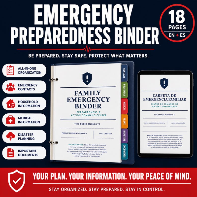 May include: A dark blue emergency preparedness binder with 18 pages in English and Spanish. The cover features the text Family Emergency Binder, Preparedness & Action Command Center, and sections for contacts, household, medical, plans, disasters, and documents.