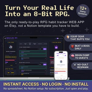 Könnte beinhalten: Eine RPG-Gewohnheits-Tracker-Web-App auf einem Laptop- und Smartphone-Bildschirm. Die Benutzeroberfläche zeigt Pixel-Art, Charakterprofile und Aufgabenlisten. Der Text lautet: Turn Your Real Life Into an 8-Bit RPG, 12+ Game Systems.
