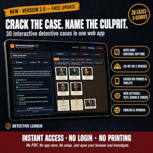 Puede incluir: Una tableta que muestra la aplicación web Detective Ledger, con una interfaz oscura que presenta un expediente, fotos de sospechosos y un tablero de corcho. El texto incluye "Crack the case. Name the culprit" e iconos de funciones.