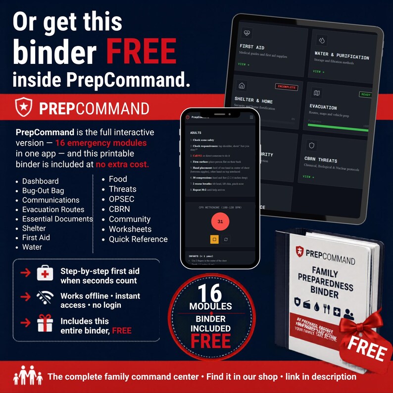 May include: A digital marketing graphic for PrepCommand featuring a smartphone displaying emergency protocols, a tablet showing module categories, and a physical Family Preparedness Binder with a red ribbon, all set against a dark blue background.