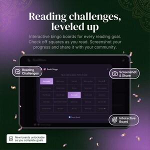 Pode incluir: Um tablet digital exibe um quadro de "Book Bingo" com desafios de leitura. A tela mostra op&ccedil;&otilde;es como "Leia uma mem&oacute;ria" e "Leia um livro com caf&eacute;". O texto diz "Desafios de leitura, aprimorados". Inclui "Captura de tela e compartilhar".