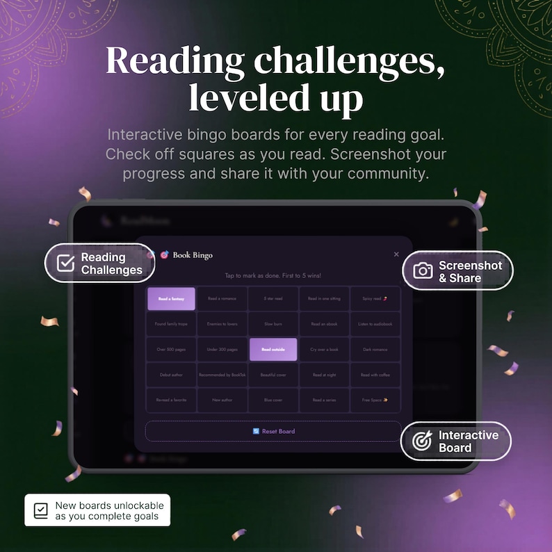 Pode incluir: Um tablet digital exibe um quadro de "Book Bingo" com desafios de leitura. A tela mostra op&ccedil;&otilde;es como "Leia uma mem&oacute;ria" e "Leia um livro com caf&eacute;". O texto diz "Desafios de leitura, aprimorados". Inclui "Captura de tela e compartilhar".