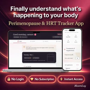 Op de afbeelding: Een laptop en smartphone tonen de interface van de BloomLog-app. Het laptopscherm toont een kalender en gezondheidsgegevens. De telefoon toont dagelijkse trackingopties. Tekst bevat "Eindelijk begrijpen wat er met je lichaam gebeurt" en "Perimenopause & HRT Tracker App."