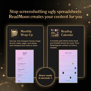 Pode incluir: Um an&uacute;ncio para ReadMoon, uma ferramenta de cria&ccedil;&atilde;o de conte&uacute;do. A imagem apresenta dois ecr&atilde;s de aplica&ccedil;&otilde;es: um resumo mensal e um calend&aacute;rio de leitura. O texto inclui "Stop screenshotting ugly spreadsheets ReadMoon creates your content for you."