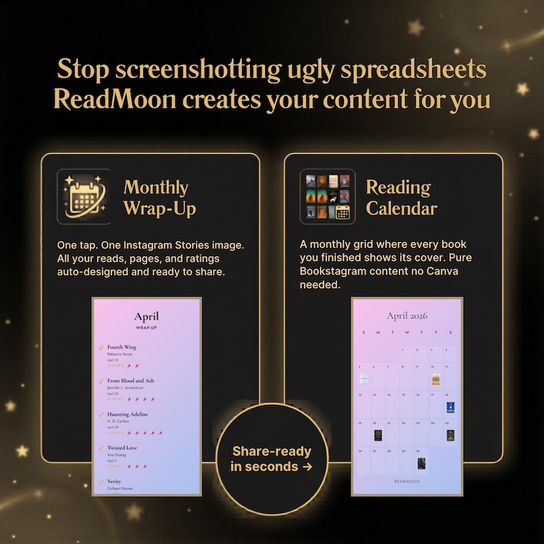 Pode incluir: Um an&uacute;ncio para ReadMoon, uma ferramenta de cria&ccedil;&atilde;o de conte&uacute;do. A imagem apresenta dois ecr&atilde;s de aplica&ccedil;&otilde;es: um resumo mensal e um calend&aacute;rio de leitura. O texto inclui "Stop screenshotting ugly spreadsheets ReadMoon creates your content for you."