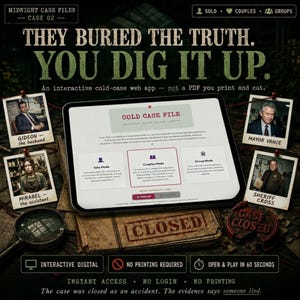 Puede incluir: Una tableta digital muestra una aplicación web interactiva de casos sin resolver titulada Midnight Case Files Case 02. La pantalla muestra opciones para modos individual, en pareja y en grupo. Rodeando la tableta hay cuatro fotos.