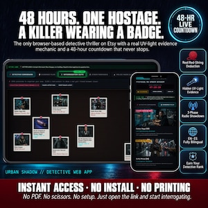 May include: A browser-based detective thriller web app titled Urban Shadow. The interface displays a digital corkboard with evidence photos, red string connections, and a 48-hour countdown timer on a tablet and smartphone screen.