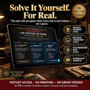 Pode incluir: Um tablet exibindo a interface do jogo de casos arquivados The Century of Crime com três eras: The Analog Archive, The Millennium Shift e Modern Cyber-Forensics. O texto inclui Solve It Yourself. For Real., 16 Case Files, 3 Eras e funcionalidades.