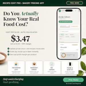 May include: A promotional image for a bakery pricing app. The app's interface is displayed on a smartphone, showing recipe library features. Text includes "Do You Actually Know Your Real Food Cost?" and "$3.47". Additional features are also displayed.