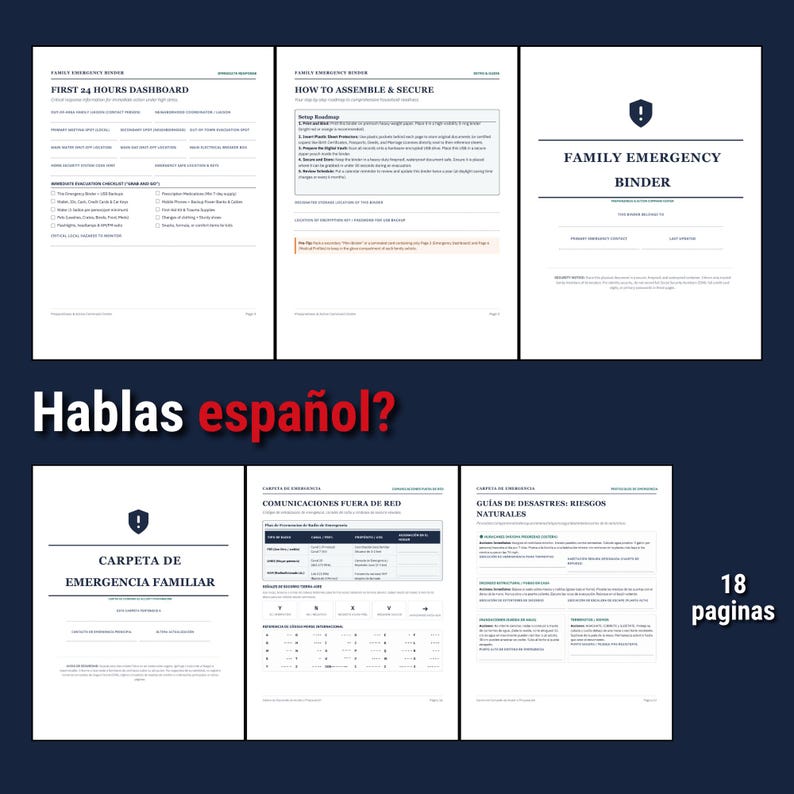 May include: A digital family emergency binder template consisting of 18 pages. The document includes sections for a first 24 hours dashboard, assembly instructions, and disaster guides. Text is presented in both English and Spanish, featuring checklists, contact forms, and safety protocols for household emergency preparedness.