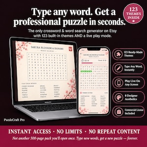 Puede incluir: Un ordenador portátil y un smartphone muestran un juego de sopa de letras Sakura Blossom & Hanami. El texto incluye: Type any word. Get a professional puzzle in seconds. 123 themes inside. 123 Ready-Made Themes. Type Any Word, Instantly.