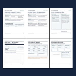 May include: A set of six white paper pages titled Family Emergency Binder, featuring printed sections for disaster guides, a 72-hour go-bag checklist, evacuation and meeting plans, pet emergency profiles, and utility shut-off guides with text.
