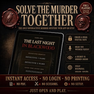 Puede incluir: Anuncio de un juego de misterio de asesinato digital. La imagen muestra una tableta que muestra "The Last Night in Blackwood". El texto incluye "Solve the Murder Together" y características como una caja fuerte digital y soporte bilingüe.