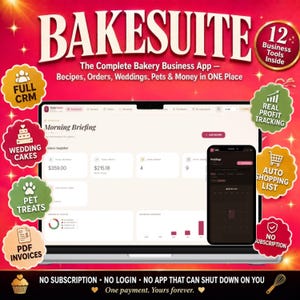 May include: A laptop and smartphone displaying the Bakesuite bakery business app interface. The screen shows a morning briefing dashboard with revenue and profit data. Surrounding text highlights 12 business tools including CRM, wedding cakes, pet treats, PDF invoices, profit tracking, and auto shopping lists.