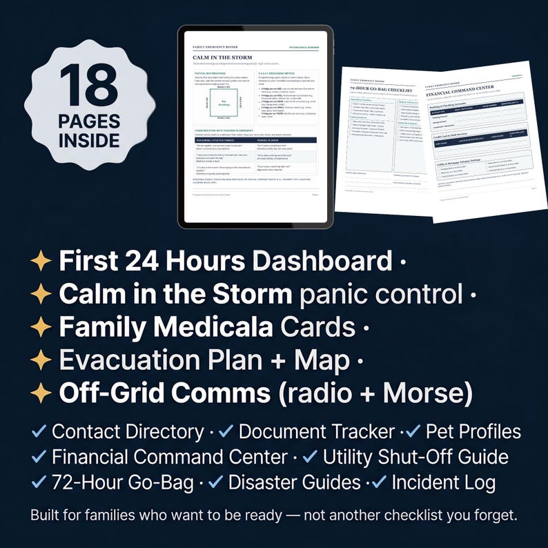 May include: A digital family emergency binder featuring 18 pages of planning documents, including a 24-hour dashboard, calm in the storm panic control, medical cards, evacuation plans, and off-grid communication guides, displayed on a tablet screen.