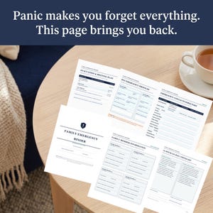 May include: A set of white printed pages for a family emergency binder, featuring sections for an evacuation plan, pet profiles, emergency contacts, family member information, and a 72-hour go-bag checklist with dark blue text and headers.
