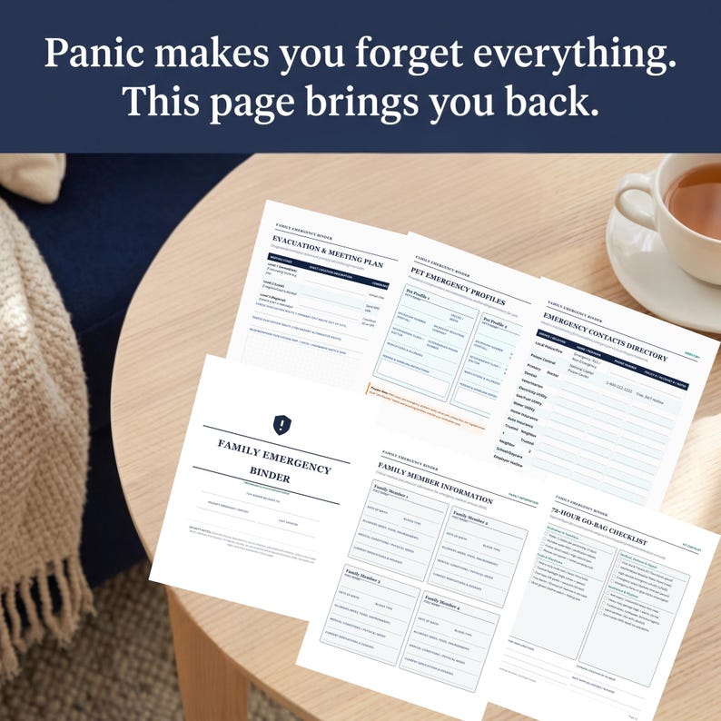 May include: A set of white printed pages for a family emergency binder, featuring sections for an evacuation plan, pet profiles, emergency contacts, family member information, and a 72-hour go-bag checklist with dark blue text and headers.