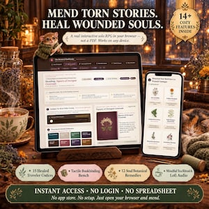 Könnte beinhalten: Ein Tablet und ein Smartphone zeigen die Benutzeroberfläche des interaktiven Solo-Rollenspiels The Botanical Bookbinder. Der Bildschirm zeigt Text, botanische Illustrationen und Buchbindewerkzeuge. Eine kleine Mausfigur und eine schlafende Katze sind zu sehen.