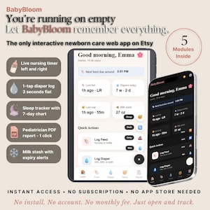Könnte beinhalten: Ein Smartphone und ein Tablet zeigen die Benutzeroberfläche der BabyBloom-App mit Funktionen wie Still-Timer, Windelprotokoll, Schlaftracker und Milchvorrat. Die App wird als interaktive Web-App für die Neugeborenenpflege auf Etsy beworben.