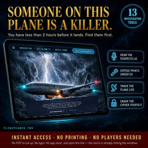 May include: A digital game interface titled Someone on this plane is a killer, featuring a Northern Air jet flying through a lightning storm. The screen displays investigation tools, including a microphone, UV light, radar, and lock icons for gameplay.