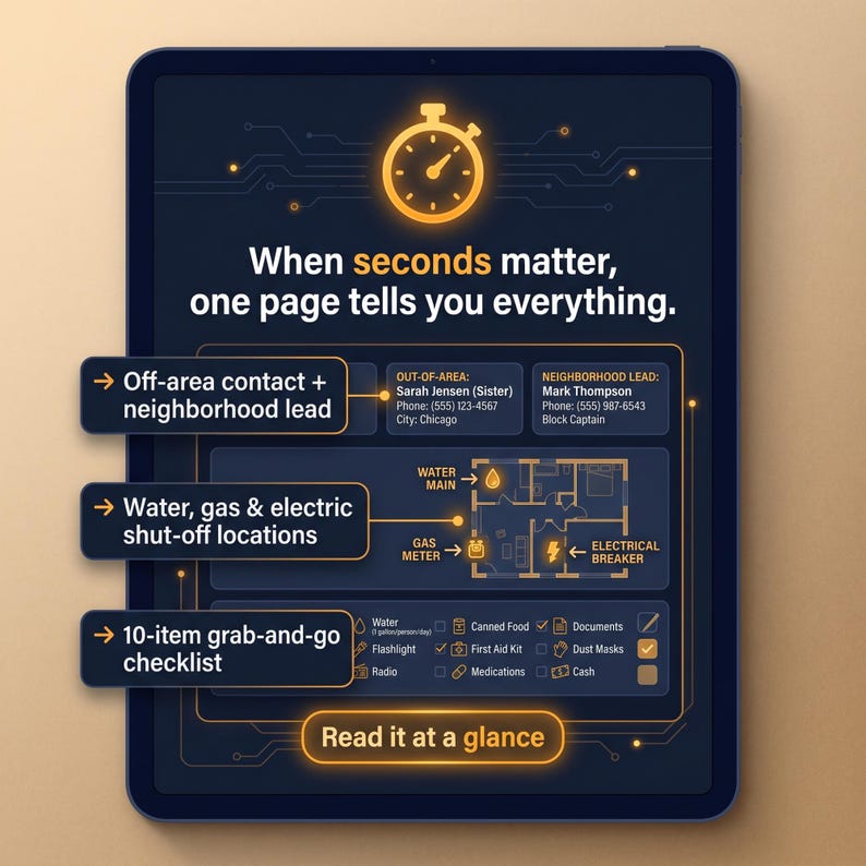 May include: A digital emergency preparedness guide displayed on a tablet screen. The dark interface features a stopwatch icon, the text "When seconds matter, one page tells you everything," contact information, a home floor plan, and a 10-item checklist.