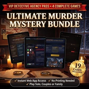 May include: A digital murder mystery game bundle featuring four tablet screens displaying case files, a gold seal stating 19 CASES INCLUDED, and text reading VIP DETECTIVE AGENCY PASS and ULTIMATE MURDER MYSTERY BUNDLE with web app access.