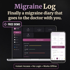 Op de afbeelding: Een laptop en smartphone met een interface van een migraine logboek applicatie. De interface toont datavisualisaties, waaronder episode logs en triggers. De tekst op het scherm luidt "Migraine Log" en "Finally a migraine diary that goes to the doctor with you."