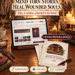 May include: A digital tablet displaying a crafting interface alongside a printed document titled The Master Binder's Physical Ledger. The text reads Mend Torn Stories. Heal Wounded Souls. Play it online. Journal it by hand. + 20-Page Printable Journal. Includes icons for Bookbinding Bench, Daily Oracle, and Tea Rituals.