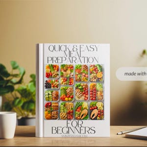 Può includere: Un libro di cucina bianco con il titolo "Preparazione dei pasti rapida e facile per principianti" e un'immagine colorata di vari contenitori per la preparazione dei pasti pieni di ingredienti freschi.