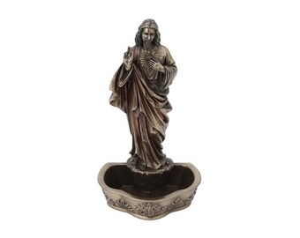 Holy Water Font with Jesus - Jesus pointing to His Heart water decor - Sacred Heart Font Sculpture