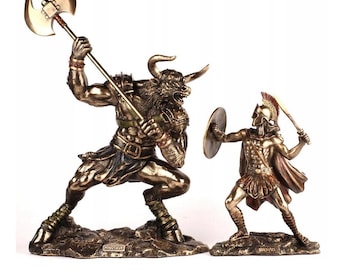 Theseus Fighting the Minotaur Statue - Two Figurines Symbolizing the Battle of Good and Evil