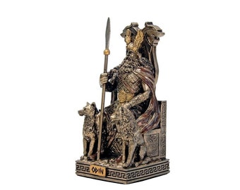Odin with dogs on the throne little statue - The highest Norse god figurine - Viking Mythology sculpture