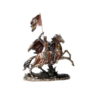 Knight Crusader with a Banner and Cross on Horseback in Gallop - Medieval Knight Sculpture - Chivalric Warrior Statue - Medieval Decor