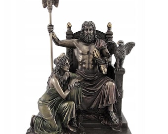 Zeus on throne with wife Hera at his side Sculpture - Zeus ruler of the Greek Gods Statue - Greek Mythology Decor